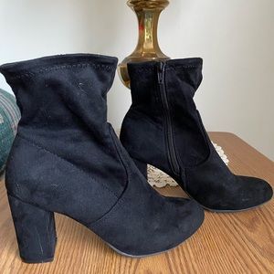 Black suede heeled booties size 6.5
